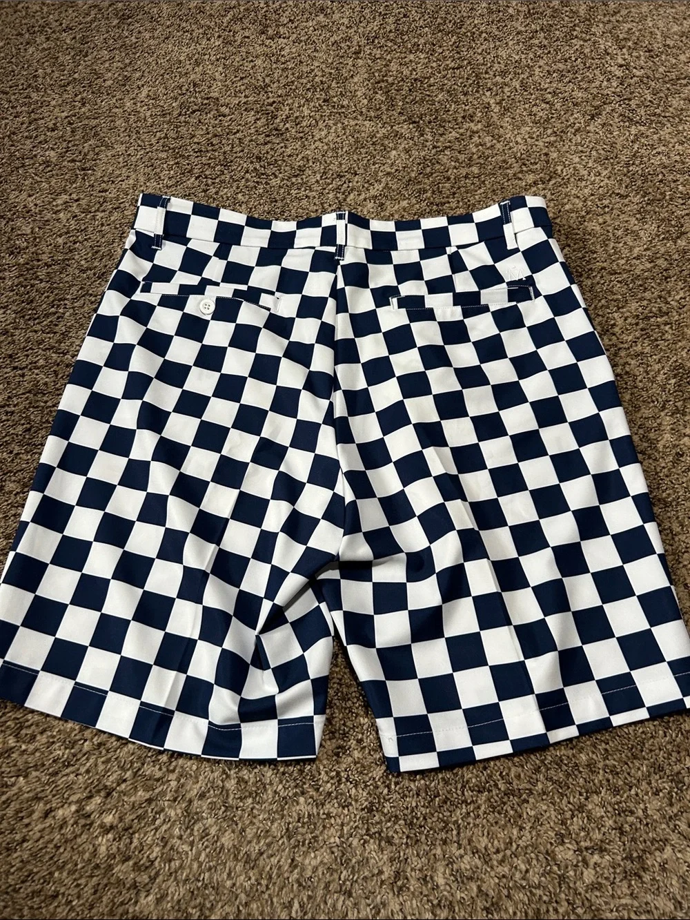 Lesmart Men's Navy and White Checkerboard Flat Front Golf Shorts